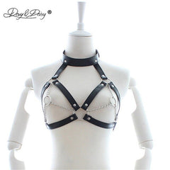 DAVYDAISY Women Sexy Bra Choker Leather Open Bust Bralette Metal Chain Intimate Adjustable Sexy Lingerie Cropped Top BR506