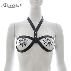 DAVYDAISY Women Sexy Bra PU Leather Open Bust Bralette Porn Intimates Sexy Lingerie Cropped Top Underwear Female Bras BR502