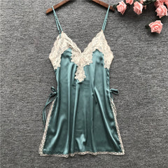 Daeyard Sexy Lingeries Women Silk Satin Nightgown Lace Trim High Split Night Dress Summer Hot Mini Dress Sleepwear Home Clothes
