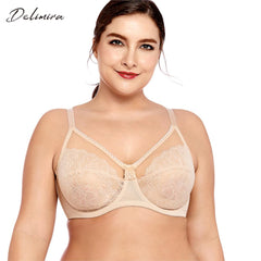 Delimira Women's Sheer Lace Unlined Full Cup Underwire Bra Full Figure Plus Size Bra