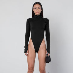 Dulzura high neck long sleeve high waist neon bodysuit 2019 autumn winter women sexy skinny stretch body clothing
