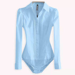 Elegant Bodysuits Women Office Lady White Body Shirt Long Sleeved Blouse Turn Down Collar Tops Female Clothing 2019