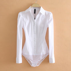 Elegant Bodysuits Women Office Lady White Body Shirt Long Sleeved Blouse Turn Down Collar Tops Female Clothing 2019