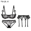 Image of Embroidery Lingerie Set Women 1/2 Cup White Sexy Bra Set 3 Piece Bra+Panties+Garter Lace Brassiere Transparent Underwear Set