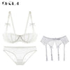 Image of Embroidery Lingerie Set Women 1/2 Cup White Sexy Bra Set 3 Piece Bra+Panties+Garter Lace Brassiere Transparent Underwear Set