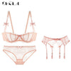 Image of Embroidery Lingerie Set Women 1/2 Cup White Sexy Bra Set 3 Piece Bra+Panties+Garter Lace Brassiere Transparent Underwear Set