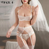 Image of Embroidery Lingerie Set Women 1/2 Cup White Sexy Bra Set 3 Piece Bra+Panties+Garter Lace Brassiere Transparent Underwear Set