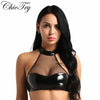 Image of Fashion Women Female Neck Halter Backless Lingerie Fishnet Faux Leather Wire-free Unlined Bra Tops Nightwear Clubwear Crop Top