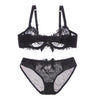 Image of Fashion embroidery bras underwear women set plus size lingerie sexy C D cup Ultrathin transparent bra panties lace bra set black