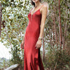 Image of Forefair Sexy Maxi Satin Dress Summer Women Slit V Neck High Waist Off Shoulder Black Red Slip Silk Long Dress Party Club