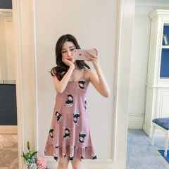 Girl Tops summer New Women Sling Nightgown printing Sexy Sleepwear Shortless Sleeve Pyjamas with Chest Pad Girl Short Nightdress