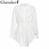 Image of Glamaker Batwing sleeve white mini dress Women office lady pleated blouse shirt dress Autumn high waist slim elegant short dress