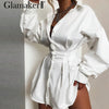 Image of Glamaker Batwing sleeve white mini dress Women office lady pleated blouse shirt dress Autumn high waist slim elegant short dress