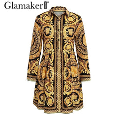 Glamaker Sexy paisley vintage print gold dress Women v neck short blouse dress autumn elegant party club dress large size robe