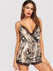 HIRIGIN Womens Sexy Lace Satin Lingerie Leopard V-Neck Nightwear Rompers Sleepwear Pajamas Sets