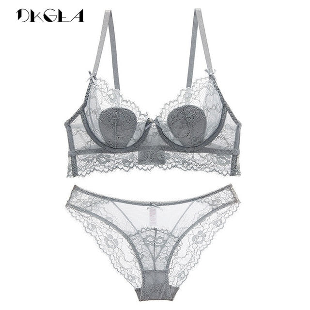 Hollow Sexy Bra Set Plus Size C D Cup Brassiere Green Women Lingerie Sets Embroidery Bras Eyelash Lace Underwear Set Transparent