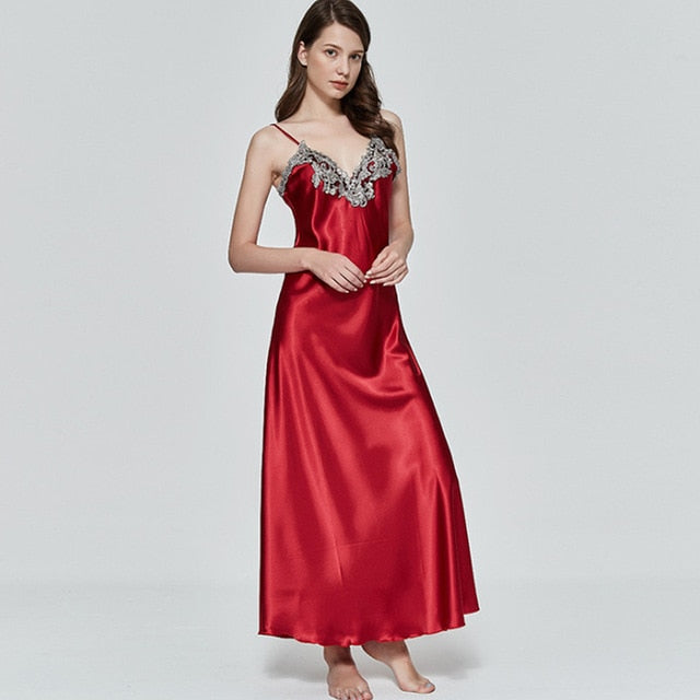 Hrigin Women Oversize Satin V-Neck Long Nightdress Silk Lace Sexy Lingerie Nightgown Sleepwear Sleepshirts Robe Dress Babydoll