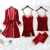 Image of JULY'S SONG 2019 Gold Velvet 4 Pieces Warm Winter Pajamas Sets Women Sexy Lace Robe Pajamas Sleepwear Kit Sleeveless  Nightwear