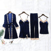 Image of JULY'S SONG 2019 Gold Velvet 4 Pieces Warm Winter Pajamas Sets Women Sexy Lace Robe Pajamas Sleepwear Kit Sleeveless  Nightwear