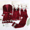 Image of JULY'S SONG 2019 Gold Velvet 4 Pieces Warm Winter Pajamas Sets Women Sexy Lace Robe Pajamas Sleepwear Kit Sleeveless  Nightwear