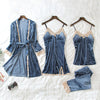 Image of JULY'S SONG 2019 Gold Velvet 4 Pieces Warm Winter Pajamas Sets Women Sexy Lace Robe Pajamas Sleepwear Kit Sleeveless  Nightwear