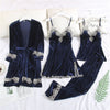 Image of JULY'S SONG 2019 Gold Velvet 4 Pieces Warm Winter Pajamas Sets Women Sexy Lace Robe Pajamas Sleepwear Kit Sleeveless  Nightwear