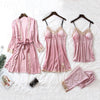 Image of JULY'S SONG 2019 Gold Velvet 4 Pieces Warm Winter Pajamas Sets Women Sexy Lace Robe Pajamas Sleepwear Kit Sleeveless  Nightwear