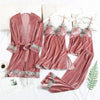 Image of JULY'S SONG 2019 Gold Velvet 4 Pieces Warm Winter Pajamas Sets Women Sexy Lace Robe Pajamas Sleepwear Kit Sleeveless  Nightwear