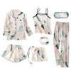 Image of JULY'S SONG Pink Women's 7 Pieces Pajamas Sets Emulation Silk Striped Pyjama Women Sleepwear Sets Spring Summer Autumn Homewear