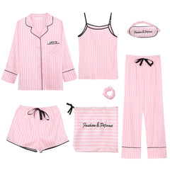 JULY'S SONG Pink Women's 7 Pieces Pajamas Sets Emulation Silk Striped Pyjama Women Sleepwear Sets Spring Summer Autumn Homewear