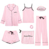 Image of JULY'S SONG Pink Women's 7 Pieces Pajamas Sets Emulation Silk Striped Pyjama Women Sleepwear Sets Spring Summer Autumn Homewear