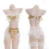 Image of Japanese Lingerie Little Golden Devil Girl Sexy Cute Women's White Lace Sleepwear Wings Lace Lingerie Set Open Cup Bra Lenceria
