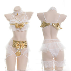 Japanese Lingerie Little Golden Devil Girl Sexy Cute Women's White Lace Sleepwear Wings Lace Lingerie Set Open Cup Bra Lenceria