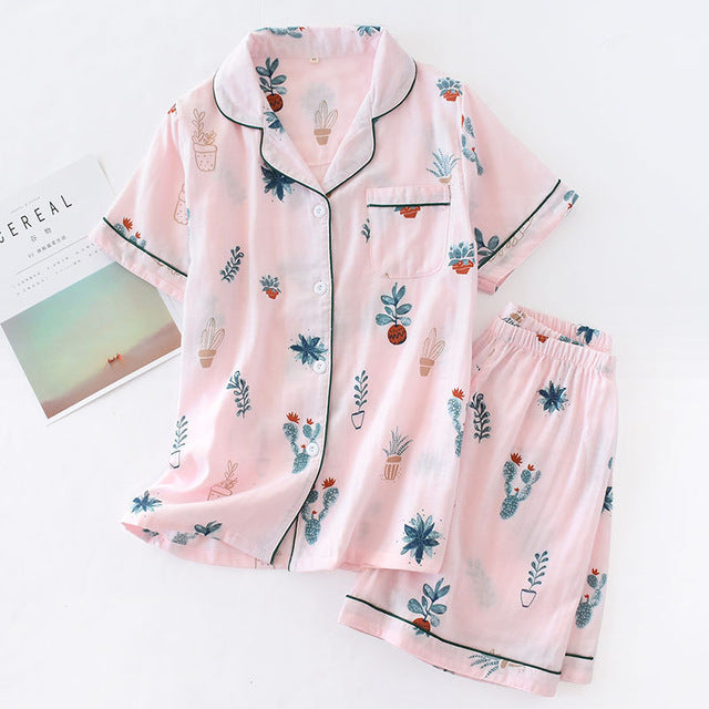 Japanese simple short pyjamas women 100% cotton short sleeves ladies pajama sets shorts Cute cartoon sleepwear women homewear