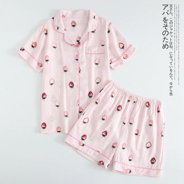 Japanese simple short pyjamas women 100% cotton short sleeves ladies pajama sets shorts Cute cartoon sleepwear women homewear