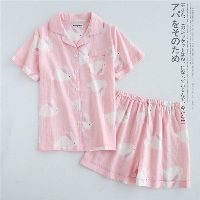 Japanese simple short pyjamas women 100% cotton short sleeves ladies pajama sets shorts Cute cartoon sleepwear women homewear