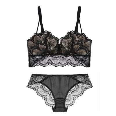 Lace Double Push Up Bra And Panties Sets Longline Plus Size Brassiere Women Black Underwear Sexy Lingerie Set Japanese Rimless