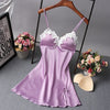 Image of Ladies Sexy Nightdress Silk V-neck Floral Sleepwear Lingerie Babydoll Nightgown Mini Sleeveless Women Sleepshirt With Padded Bra
