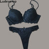 Image of Ludevelop Sexy Thong Lace Push Up Bra Set Lingerie Women Underwear Sets Intimates Embroidery Floral Black White Bra Brief Sets