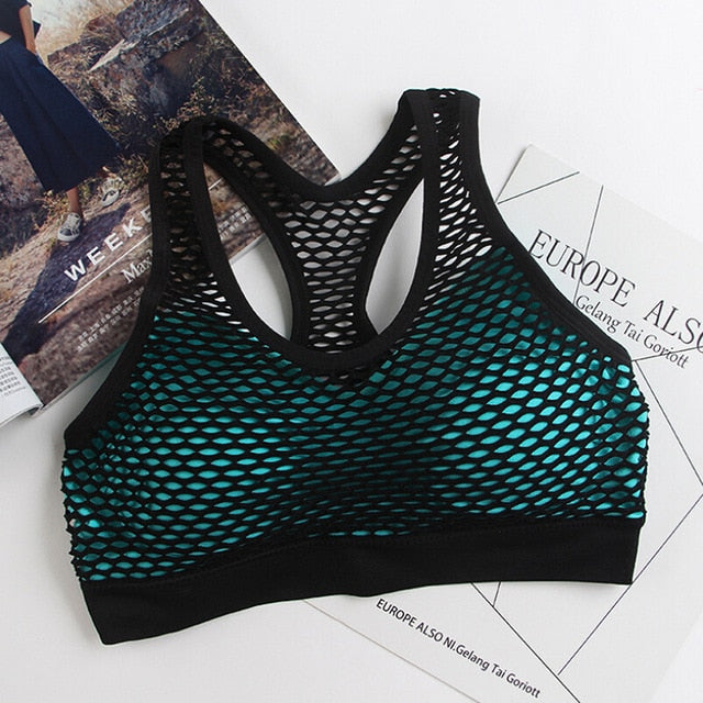 Mesh Sports Bra Hollow Out Sport Top Seamless Fitness Yoga Bras Women Gym Top Padded Running Vest Shockproof Push Up Crop Top