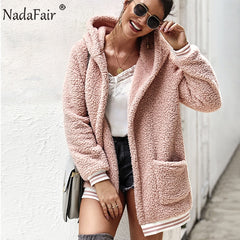 Nadafair Faux Fur Coat Women Hooded Winter Casual Teddy Coat Autumn Pockets Plus Size Fur Jacket Fleece Fluffy Overcoat Outwear