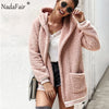 Image of Nadafair Faux Fur Coat Women Hooded Winter Casual Teddy Coat Autumn Pockets Plus Size Fur Jacket Fleece Fluffy Overcoat Outwear