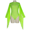 Image of Neon Green Fishnet Grid Tassel Bodysuits Women Long Sleeve See Through Jumpsuit Party Clubwear Rave Festival Clothing Playsuit