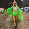 Image of Neon Green Fishnet Grid Tassel Bodysuits Women Long Sleeve See Through Jumpsuit Party Clubwear Rave Festival Clothing Playsuit