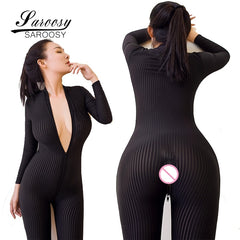 New Arrive Open Crotch Black and White Striped Sheer Bodystocking Bodysuit Erotic Lingerie for Women Double Zipper Long Sleeves