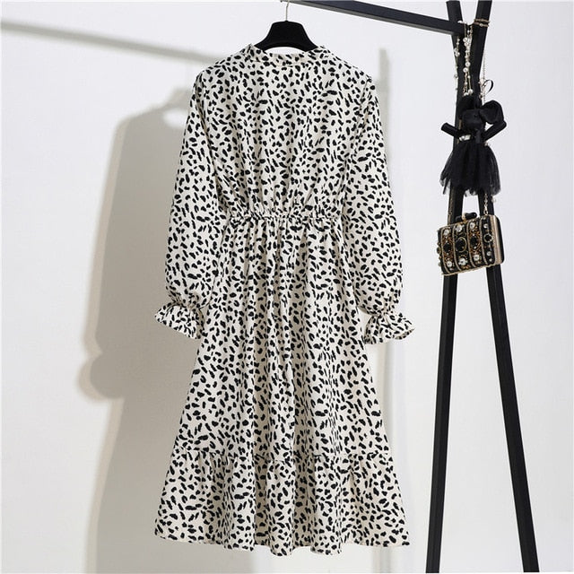 New Chiffon summer Dress Women Bow Spring Small Floral Long Sleeve Polka Elastic Waist Leopard Vintage Pleated Collar Vestidos