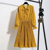 Image of New Chiffon summer Dress Women Bow Spring Small Floral Long Sleeve Polka Elastic Waist Leopard Vintage Pleated Collar Vestidos