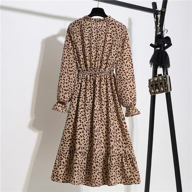 New Chiffon summer Dress Women Bow Spring Small Floral Long Sleeve Polka Elastic Waist Leopard Vintage Pleated Collar Vestidos