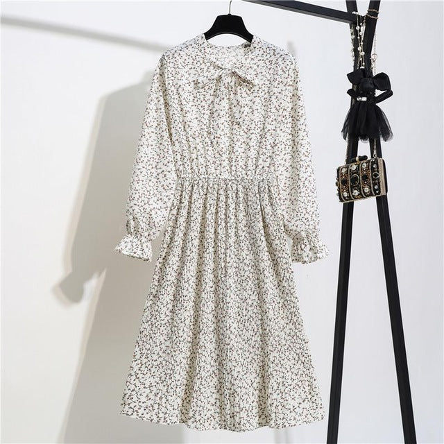 New Chiffon summer Dress Women Bow Spring Small Floral Long Sleeve Polka Elastic Waist Leopard Vintage Pleated Collar Vestidos
