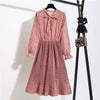 Image of New Chiffon summer Dress Women Bow Spring Small Floral Long Sleeve Polka Elastic Waist Leopard Vintage Pleated Collar Vestidos
